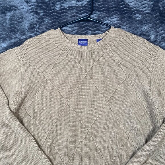 Arrow Beige Diamond-Pattern Knit Pullover Sweater Long Sleeve Mens Size Large - Picture 3 of 9